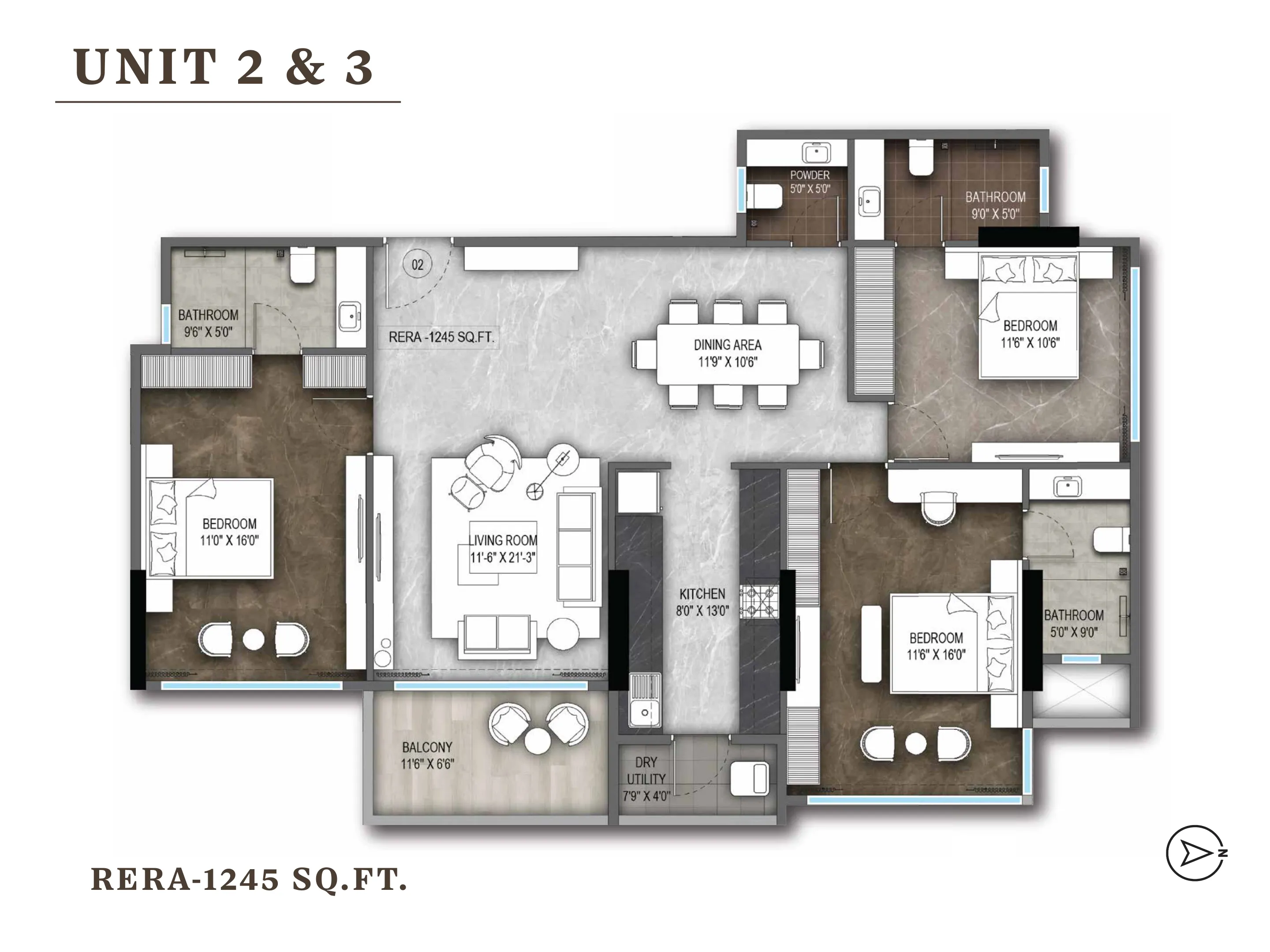 3 BHK - 1245 Sq. Ft.